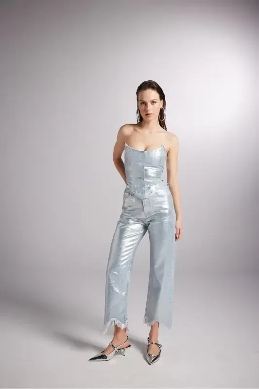 Özel Yapım Parlak Kaplamalı Glossy Jean Pantolon Mavi - 2