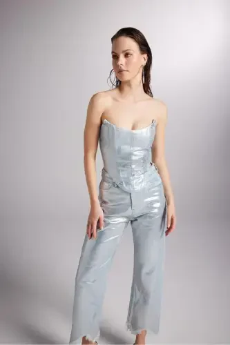 Özel Yapım Parlak Kaplamalı Glossy Jean Pantolon Mavi - 5
