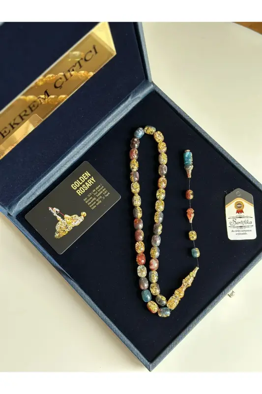 Özel Yazılı, Özel Kutulu Altın Parçacıklı Tesbih Erkek Hediye Sertifikalı Kişiye Özel İsimli - çoklu renk - 2