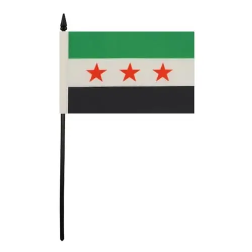 Free Syrian Army Table Flag 4'' x 6'' - Army of Syria Desk Flag 15 x 10 cm. - Black plastic stick and base - AZ FLAG 