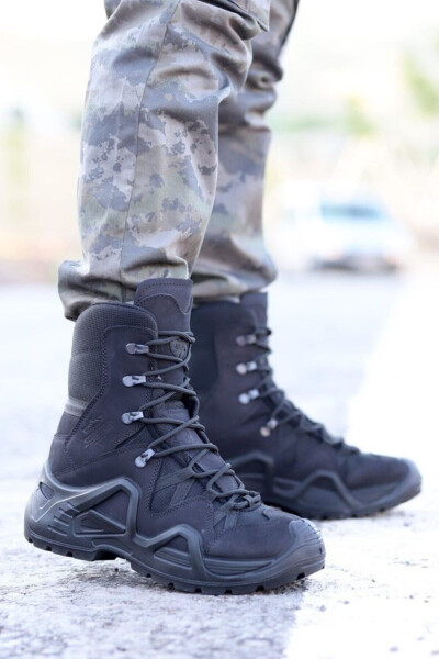 P1490ns Men's Black Leather Lace-Up Military Boots 
