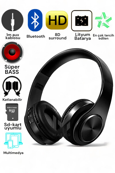 P68 Bluetooth Kablosuz Stereo Kulaklık Wireless, Aux Kablolu - 1