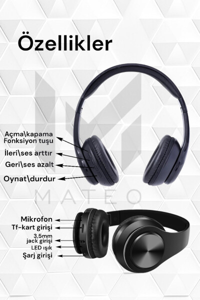 P68 Bluetooth Kablosuz Stereo Kulaklık Wireless, Aux Kablolu - 5