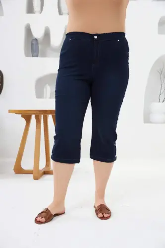 Paça Düğme Detaylı Beli Lastikli Büyük Beden Lacivert Kapri - 1