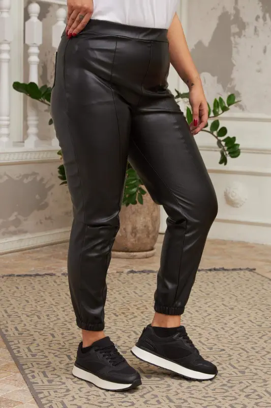 Paça lastikli yon fermuarli qora teri shim - 2