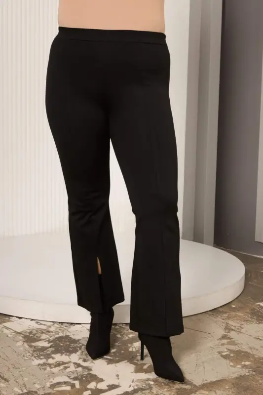 Paça Yırtmaç Detaylı Büyük Beden Siyah Tayt - 2