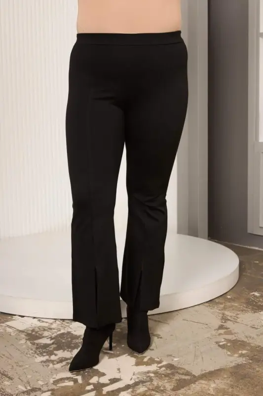 Paça Yırtmaç Detaylı Büyük Beden Siyah Tayt - 3