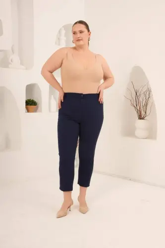 Paça Yırtmaçlı Büyük Beden Gabardin Pantolon Lacivert - 5