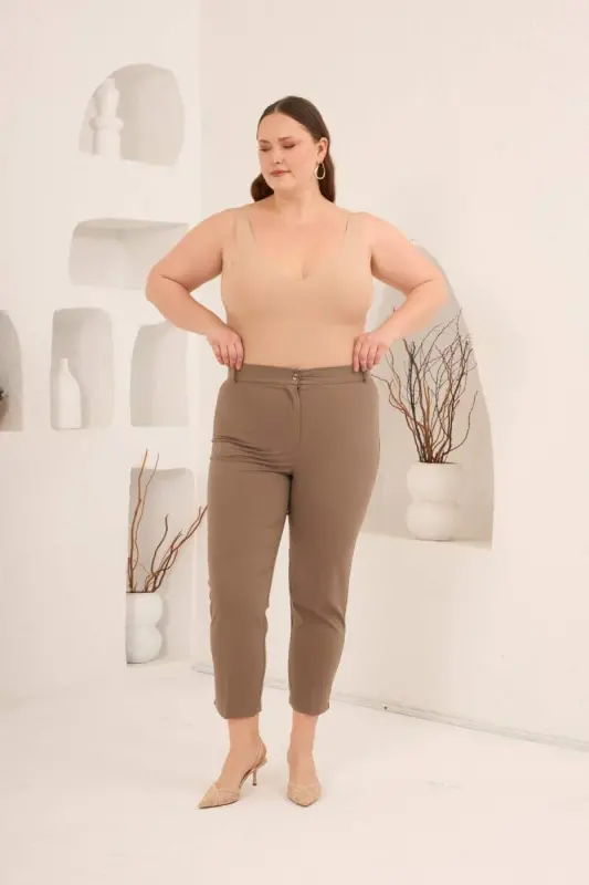Paça Yırtmaçlı Büyük Beden Pantolon Vizon - 5