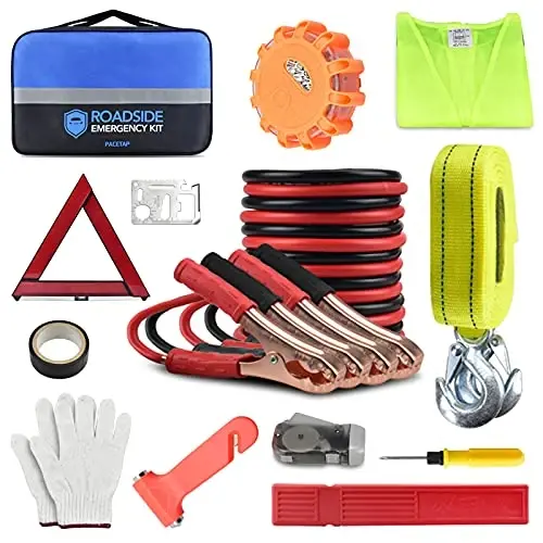 PACETAP Car Roadside Emergency Kit, Essential Auto Safety Road Side Assistance Tool Kit with Jumper Cables, Towing Rope, Triangle and More Winter Vehicle Accessories - 1