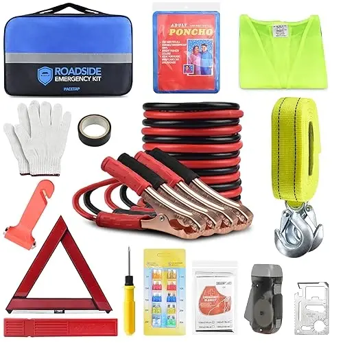 PACETAP Car Roadside Emergency Kit, Essential Auto Safety Road Side Assistance Tool Kit with Jumper Cables, Towing Rope, Triangle and More Winter Vehicle Accessories - 1