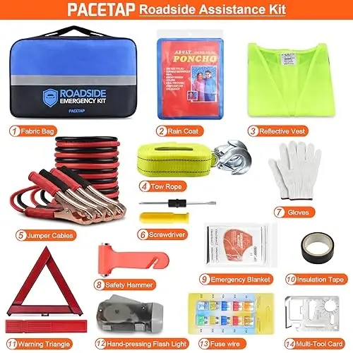 PACETAP Car Roadside Emergency Kit, Essential Auto Safety Road Side Assistance Tool Kit with Jumper Cables, Towing Rope, Triangle and More Winter Vehicle Accessories - 7