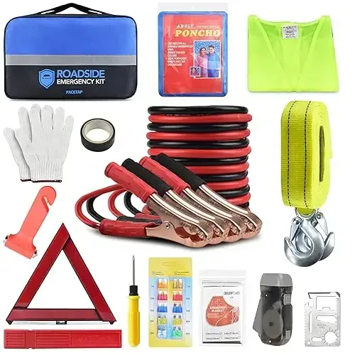 PACETAP Car Roadside Emergency Kit, Essential Auto Safety Road Side Assistance Tool Kit with Jumper Cables, Towing Rope, Triangle and More Winter Vehicle Accessories - PACETAP
