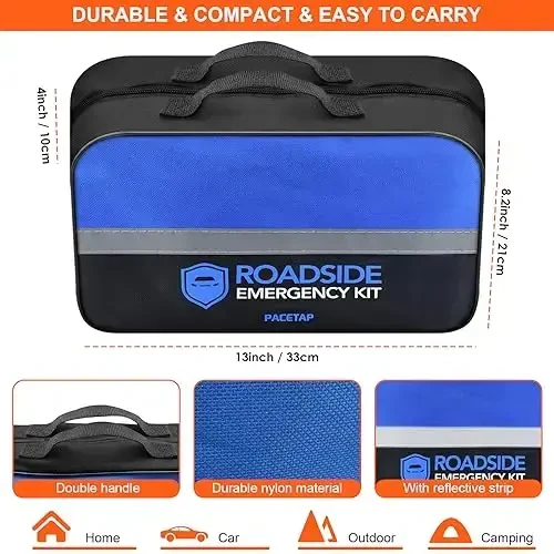 PACETAP Car Roadside Emergency Kit, Essential Auto Safety Road Side Assistance Tool Kit with Jumper Cables, Towing Rope, Triangle and More Winter Vehicle Accessories - 2