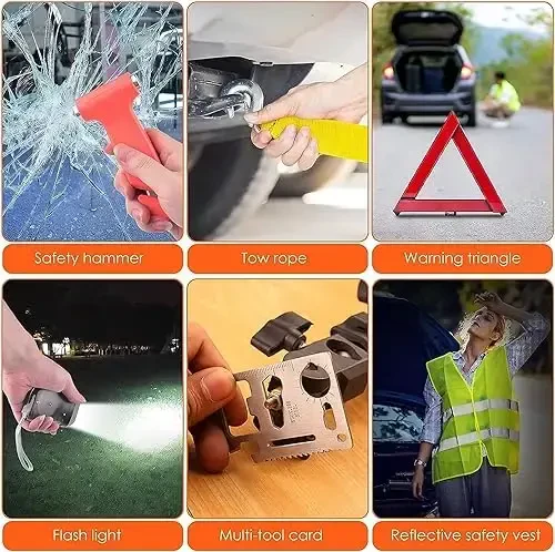PACETAP Car Roadside Emergency Kit, Essential Auto Safety Road Side Assistance Tool Kit with Jumper Cables, Towing Rope, Triangle and More Winter Vehicle Accessories - 5