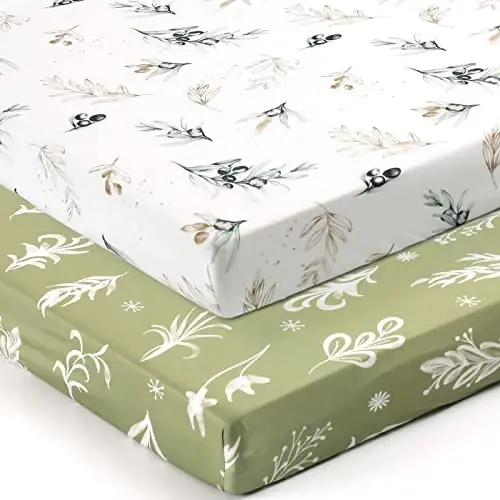 Pack n Play choyshablari Fitted 2 Pack, cho'ziluvchan ultra yumshoq Jersi Knit Pack va Play choyshablari, Universal Fitted Portable/Mini Crib Matraslari Snug va Safe, O'g'il va qiz uchun Oliver Flora - 2