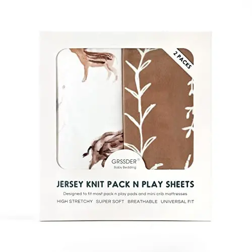 Pack n Play choyshablari o'rnatilgan 2 dona, cho'ziluvchan ultra yumshoq jersi trikotajli Pack n Play choyshablari, universal o'rnatilgan portativ/mini karavot matraslari qulay va xavfsiz, o'rmon hayvonlarining zamonaviy naqshlari - 4