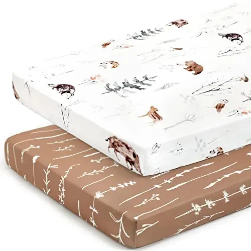 Pack n Play Sheets Fitted 2 Pack, Stretchy Ultra Soft Jersey Knit Pack and Play Sheets, Universal Fitted Portable/Mini Crib Mattresses Snug and Safe, Stylish Pattern of Jungle Animals - 2