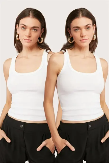 Pack of 2 White Women's Lace-Trimmed Bustier Tank Tops with Wide Straps Basic - 1