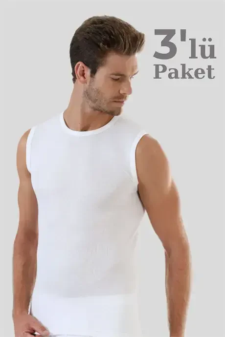 Pack of 3 White Sleeveless Men's Tank Top Crew Neck Cut Off T-shirt 100% Cotton - BÜYÜKBEDENIZ