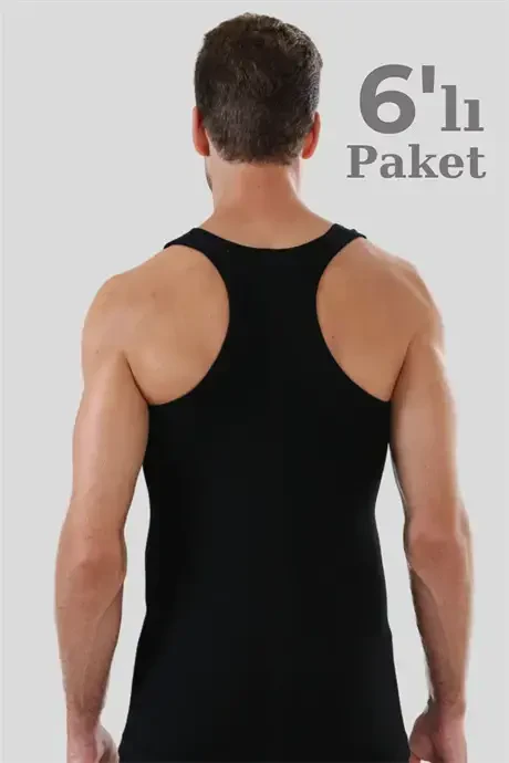 Pack of 6 Men's Black Sporty Rambo Undershirt 100% Cotton Rib - 2
