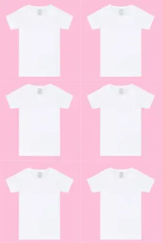 Pack of 6 White Girls' Plain T-shirt Short Sleeve 100% Cotton Ribbed - 1
