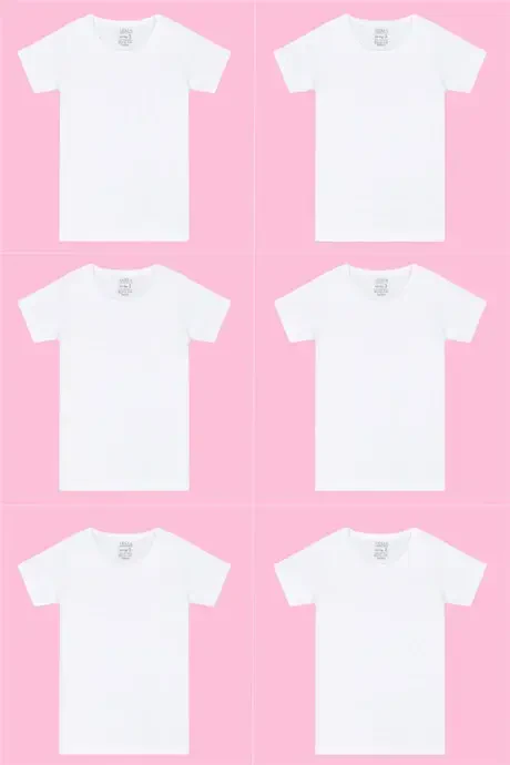 Pack of 6 White Girls' Plain T-shirt Short Sleeve 100% Cotton Ribbed - 1