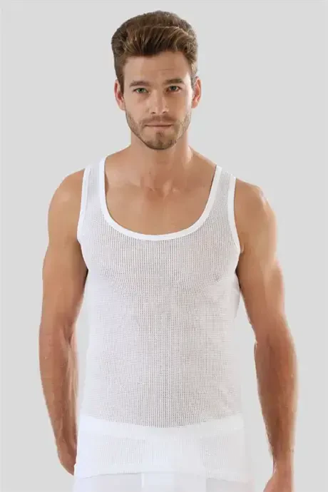 Pack of 6 White Men's Mesh Tank Top 100% Cotton Perforated Summer Men's Tank - 4