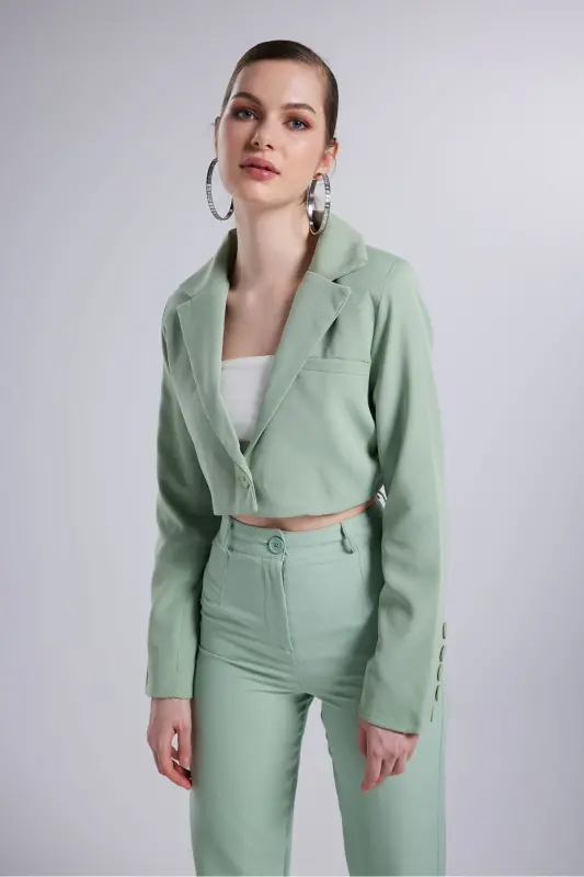 Padded Crop Model Long Sleeve Blazer Panky Jacket Green - 3