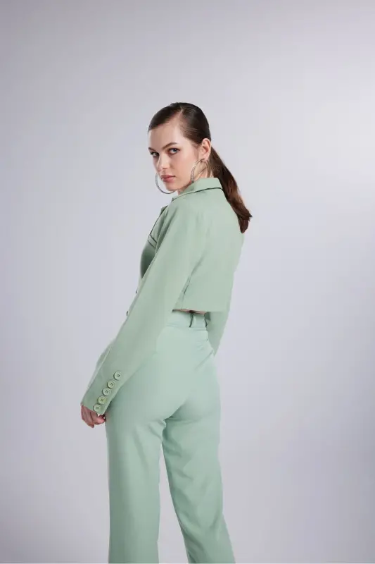 Padded Crop Model Long Sleeve Blazer Panky Jacket Green - 5