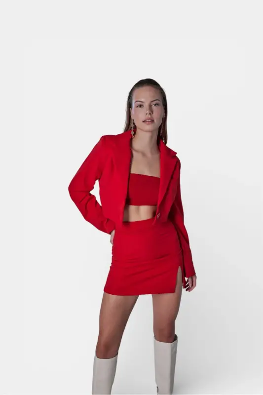 Padded Crop Model Long Sleeve Blazer Panky Jacket Red - 6