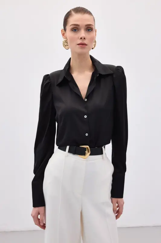 Padded Satin Shirt - Black-BLACK - 1
