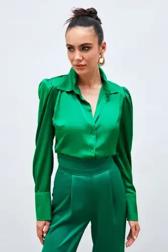Padded Satin Shirt - Green-GREEN - 1