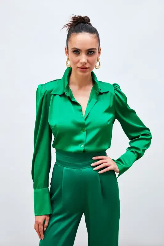 Padded Satin Shirt - Green-GREEN - 2