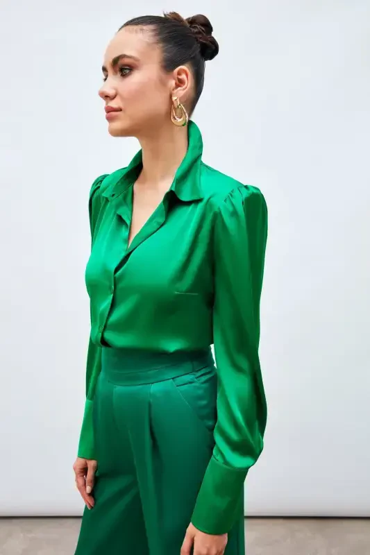 Padded Satin Shirt - Green-GREEN - 3