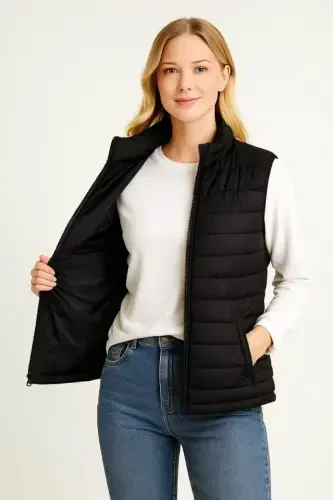 Padded Zip-Up Vest Water Repellent Quilted Lined Fabric Pocketed Lightweight Winter Sporty Relaxed Fit - Black - 1