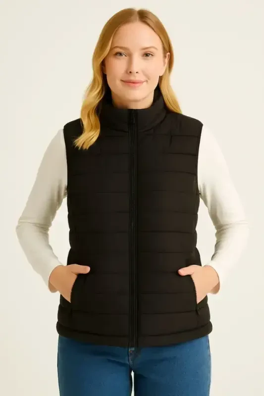 Padded Zip-Up Vest Water Repellent Quilted Lined Fabric Pocketed Lightweight Winter Sporty Relaxed Fit - Black - 2
