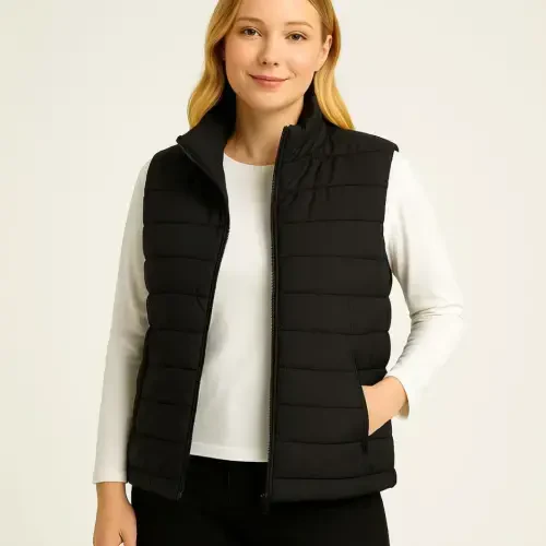 Padded Zip-Up Vest Water Repellent Quilted Lined Fabric Pocketed Lightweight Winter Sporty Relaxed Fit - Black - 4
