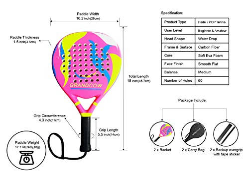 Padel Racket Carbon Fiber Power Lite Pop Tennis Paddle Paddleball Racquets - 1