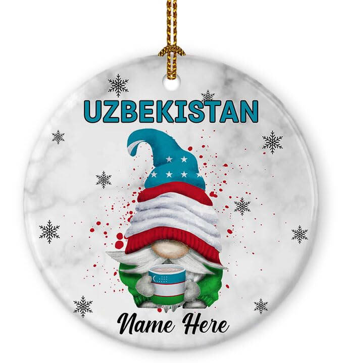 Padovo Personalized Uzbekistan Gnome Ornament for Xmas Tree Uzbek Gnomes Ornaments Funny Christmas 2023 Gift for Family Friends Keepsake Circle Ceramic 3'' Travel Souvenir Decor Gifts - 1