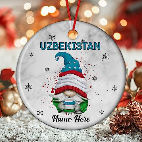 Padovo Personalized Uzbekistan Gnome Ornament for Xmas Tree Uzbek Gnomes Ornaments Funny Christmas 2023 Gift for Family Friends Keepsake Circle Ceramic 3'' Travel Souvenir Decor Gifts - 2