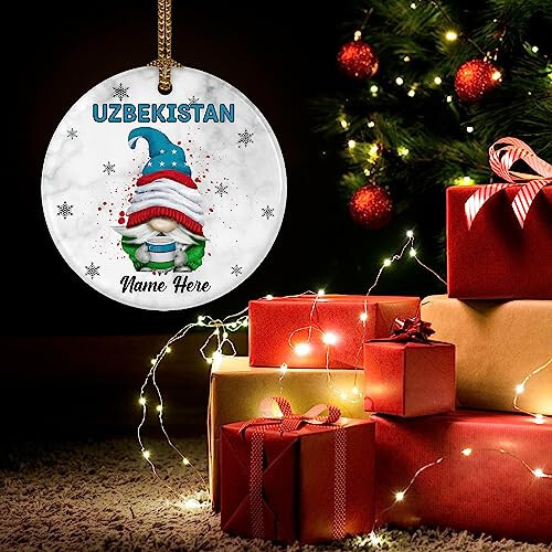 Padovo Personalized Uzbekistan Gnome Ornament for Xmas Tree Uzbek Gnomes Ornaments Funny Christmas 2023 Gift for Family Friends Keepsake Circle Ceramic 3'' Travel Souvenir Decor Gifts - 5