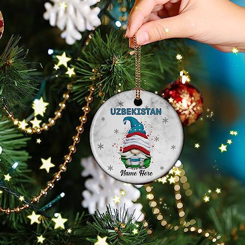 Padovo Personalized Uzbekistan Gnome Ornament for Xmas Tree Uzbek Gnomes Ornaments Funny Christmas 2023 Gift for Family Friends Keepsake Circle Ceramic 3'' Travel Souvenir Decor Gifts - 7