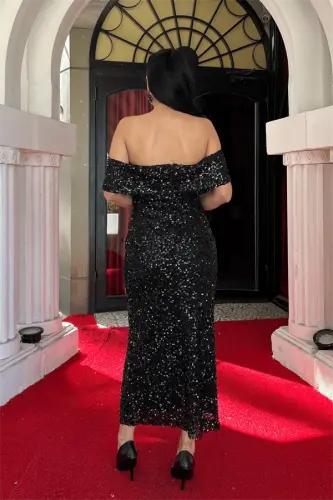 Пайетка Ткань Лодочка Вырез Карандаш Платье - ЧЕРНЫЙ - 8