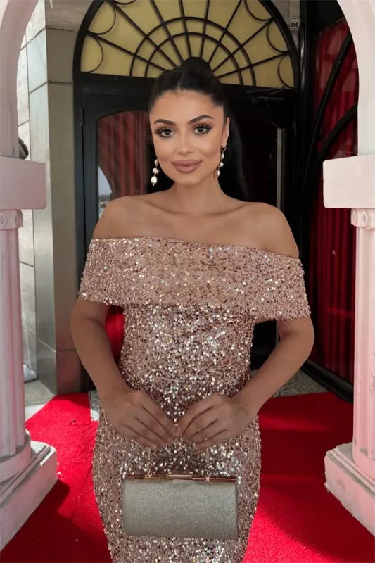 Пайетка Ткань Лодочка Вырез Карандаш Платье - МЕДНЫЙ - 8