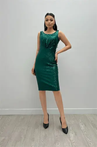 Пайетка Ткань Сборка Деталь Толстый Ремешок Платье - ИЗУМРУДНО-ЗЕЛЕНЫЙ - BÜYÜKBEDENIZ (1)