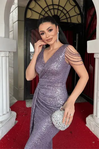 Пайеточная ткань с блестками, наплечная бахрома, бисер, платье «рыбка» — ЛИЛА - 4