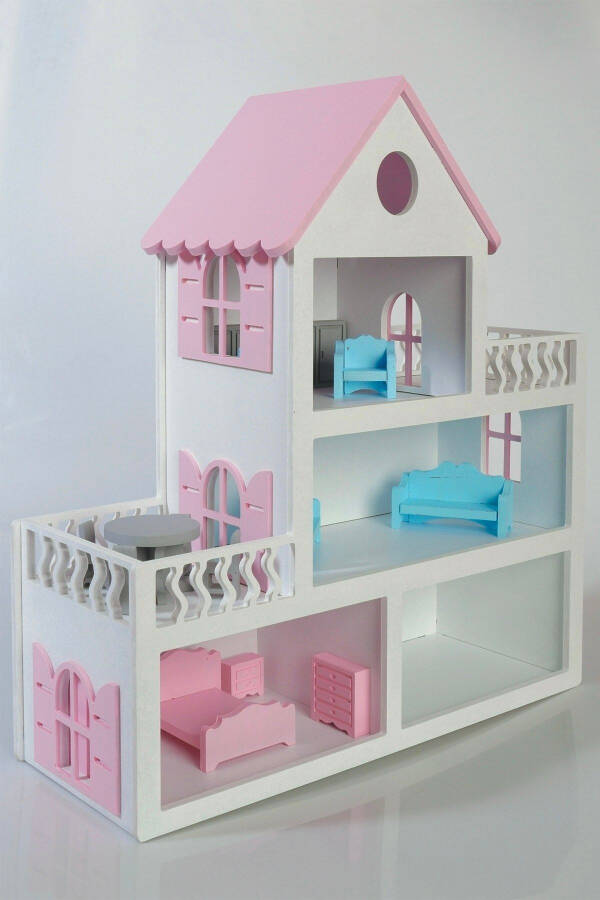 Painted Wooden Barbie Dollhouse Toy (With 15 Pieces of Furniture Gift) - 31