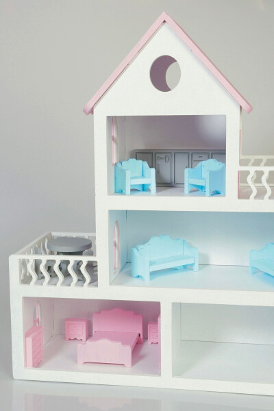 Painted Wooden Barbie Dollhouse Toy (With 15 Pieces of Furniture Gift) - 35