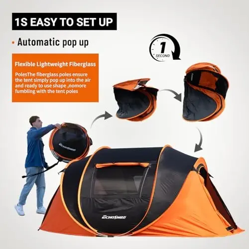 Палатка EchoSmile Camping Instant, 2/4/6/8/10 местная палатка Pop Up, водонепроницаемая купольная палатка, простая установка для кемпинга, пешего туризма и активного отдыха, портативная палатка с сумкой для переноски, для 3 сезонов... - 3